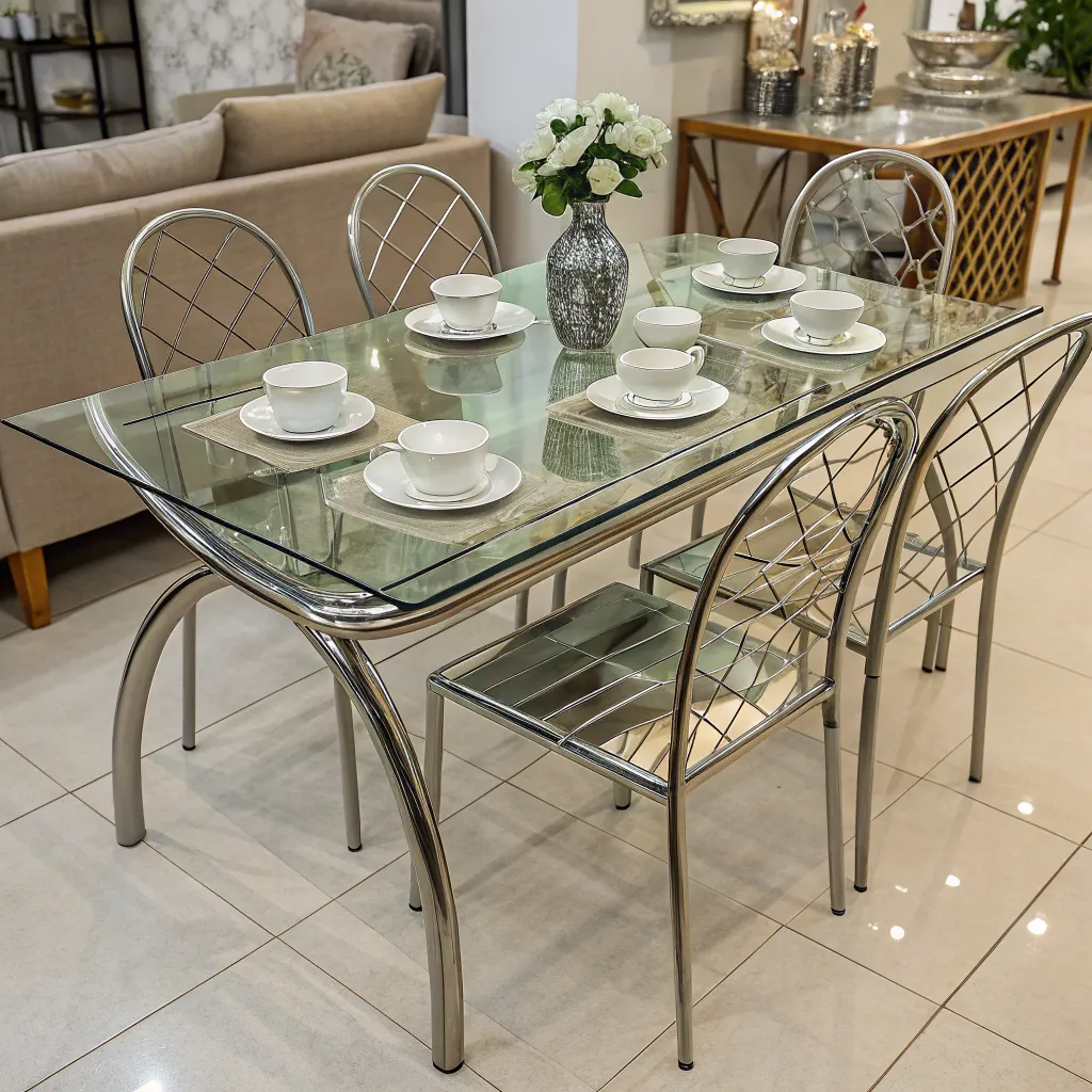 Glass Top Dining Table Set with Metal Chairs
