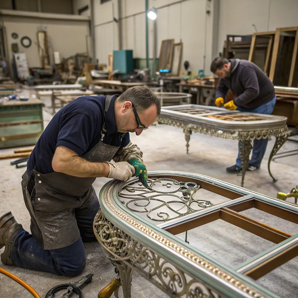 Workshop with skilled artisans working on metal and glass furniture pieces